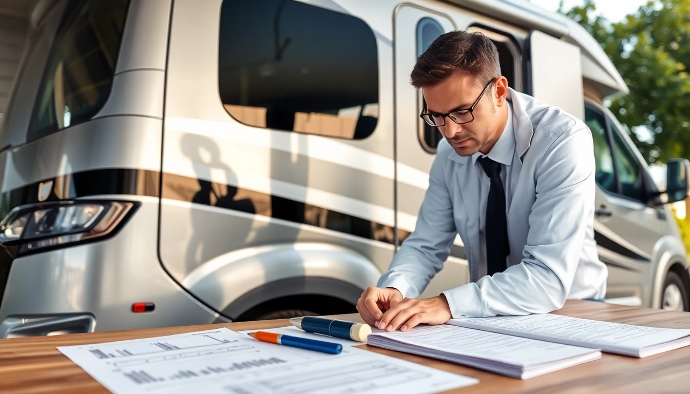 Professioneller Wohnmobil Gutachten, der ein modernes Wohnmobil inspiziert.