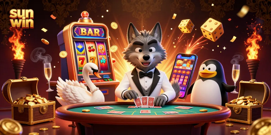 Experience the thrill of sun win with vibrant 3D characters in a dynamic casino scene.