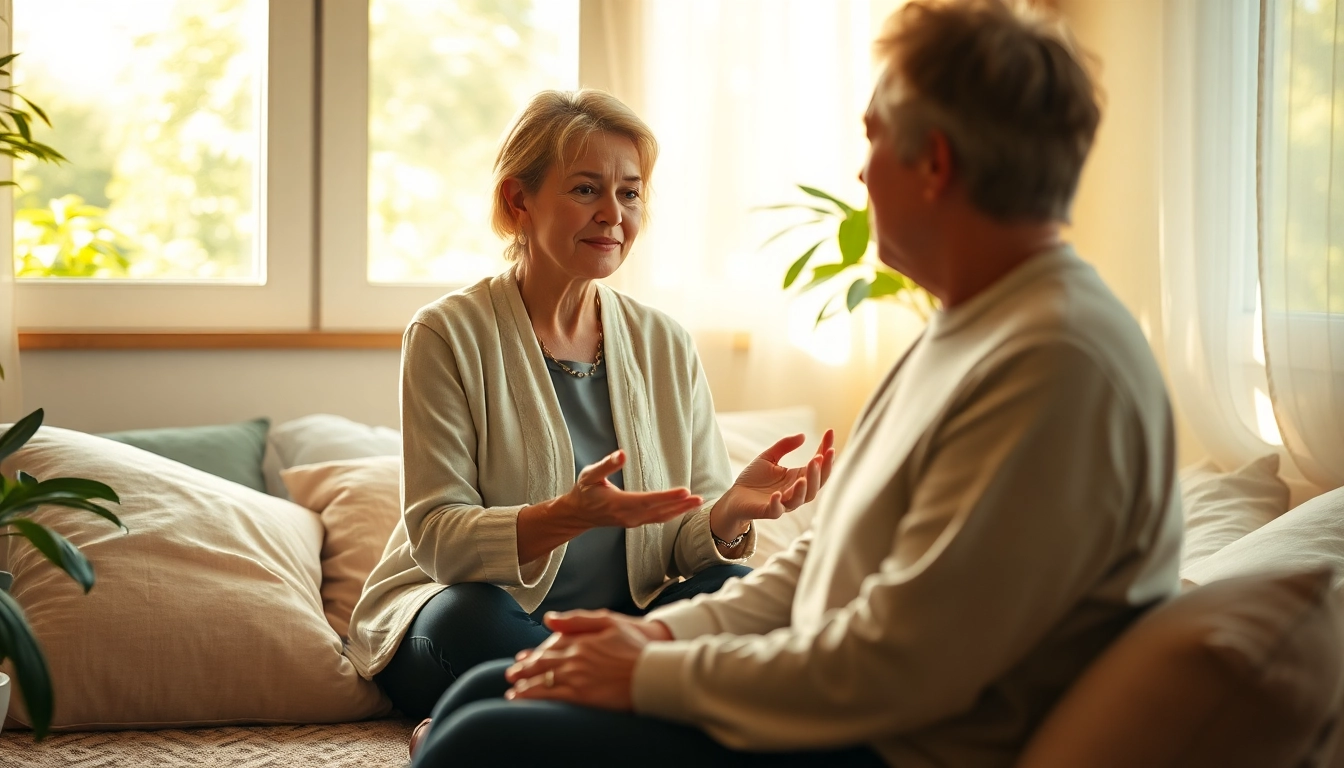 Reinkarnationstherapie session showing therapist guiding a client in a calming environment.