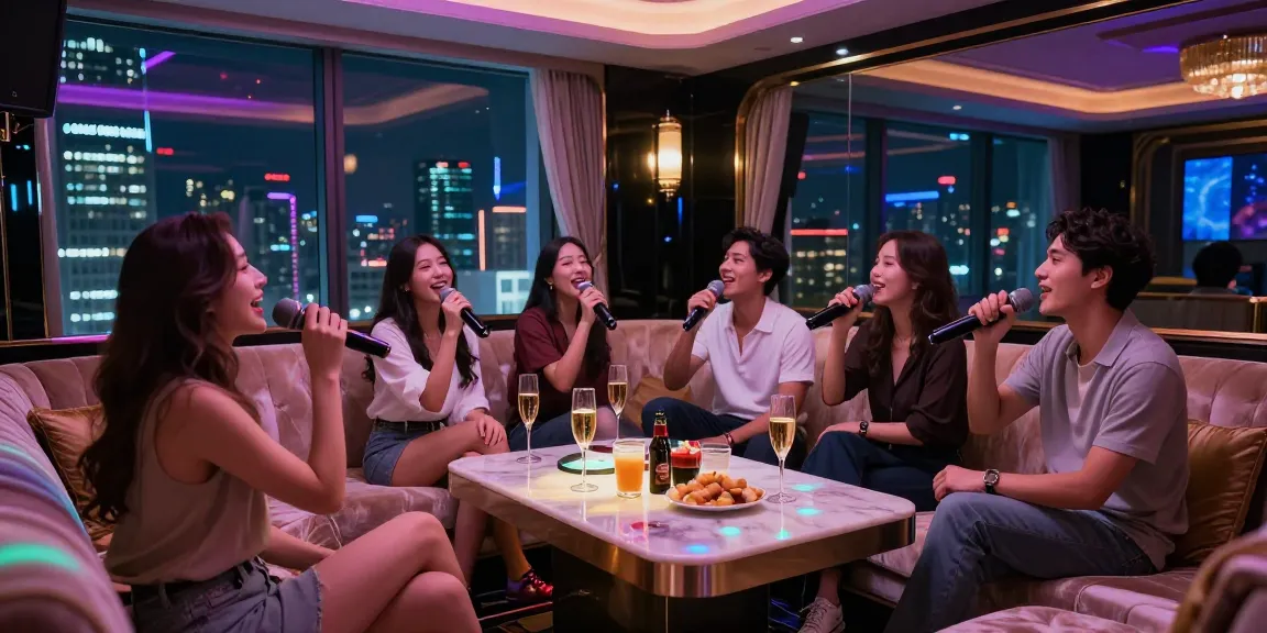 강남쩜오의 고급스러운 노래방에서 친구들과 함께 즐거운 시간을 보내는 장면