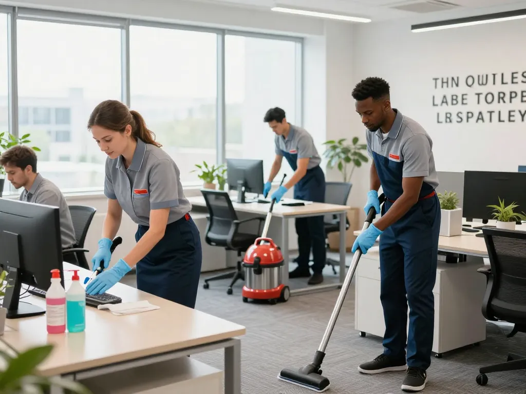 Unterhaltsreinigung im Raum Münster, durchgeführt von einem professionellen Team in einem hellen Unternehmensbüro, das effektive Reinigungs- und Hygienelösungen präsentiert.