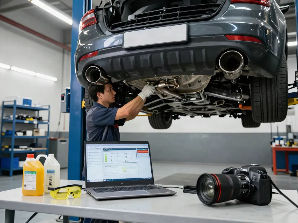 DPF-Regeneration durch Techniker in einer modernen Werkstatt mit professionellem Werkzeug.