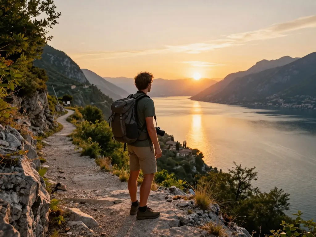 Gardasee Reisetipps malerischer Sonnenuntergang über den Gardasee mit einem Reisenden am Rand der Klippe