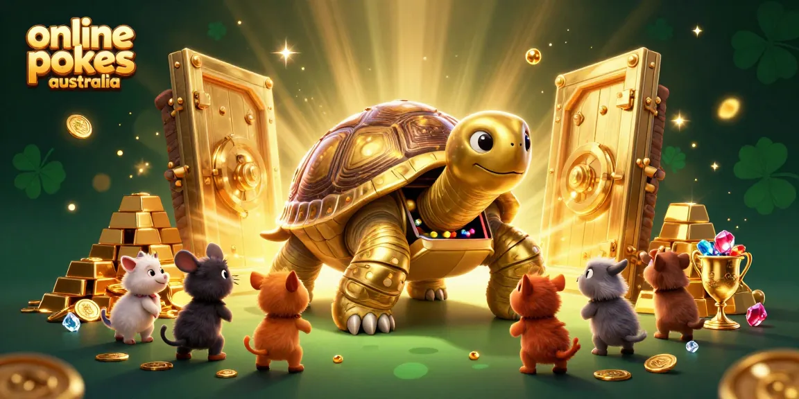 Join the excitement with online pokies Australia featuring a golden tortoise pinball machine surrounded by treasure and animated characters.