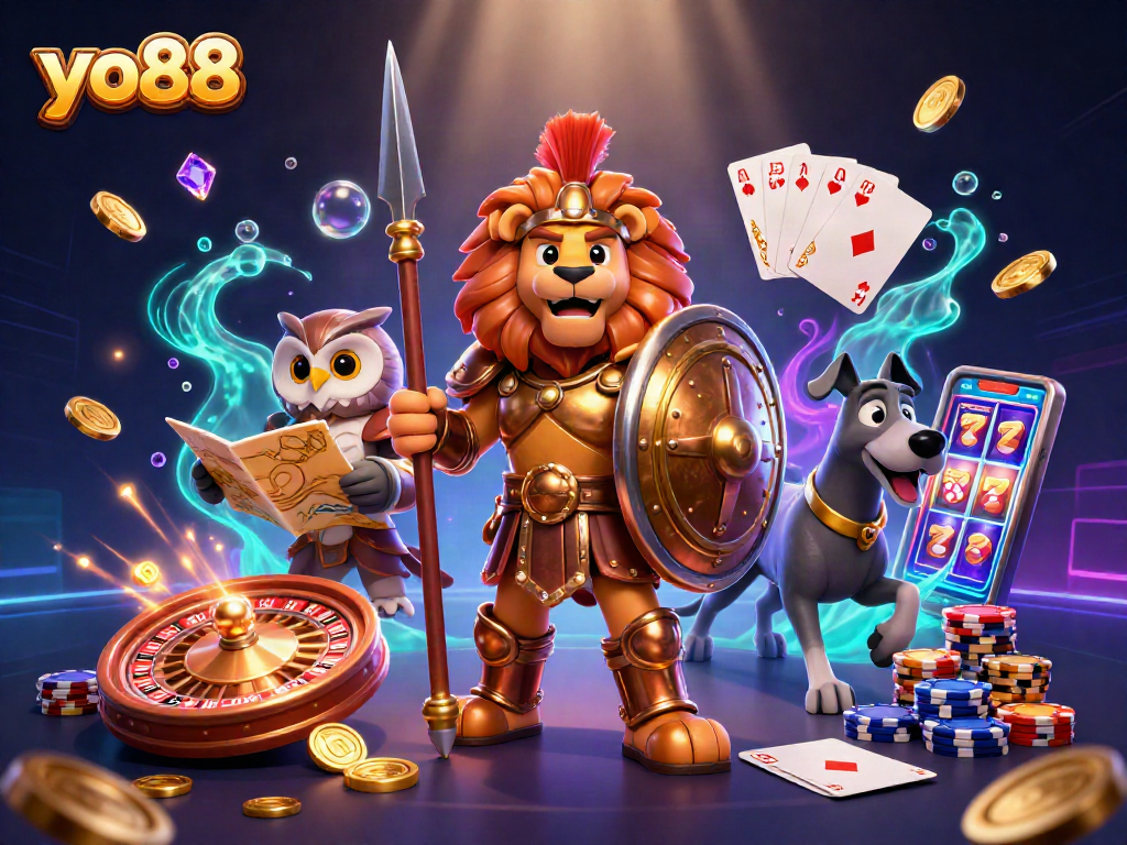 yo88 expands winning chances with 3D lion, owl, and greyhound amidst cascading casino elements