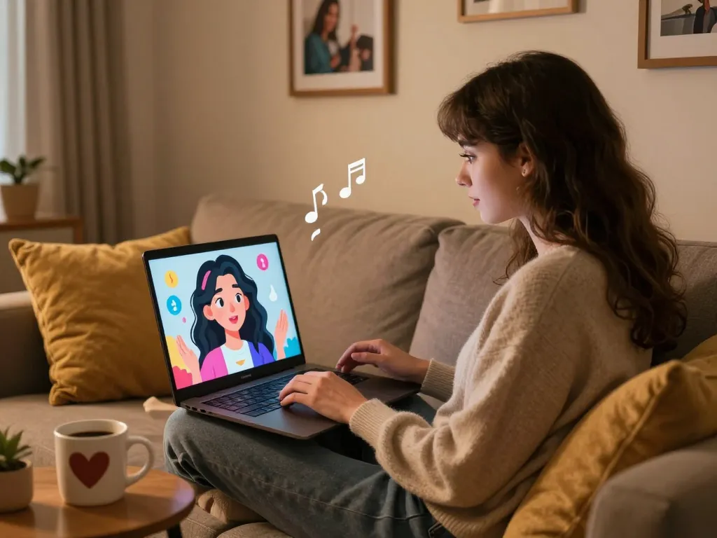 Engaging with a girlfriend AI on a laptop, showcasing a virtual relationship in a cozy home setting.