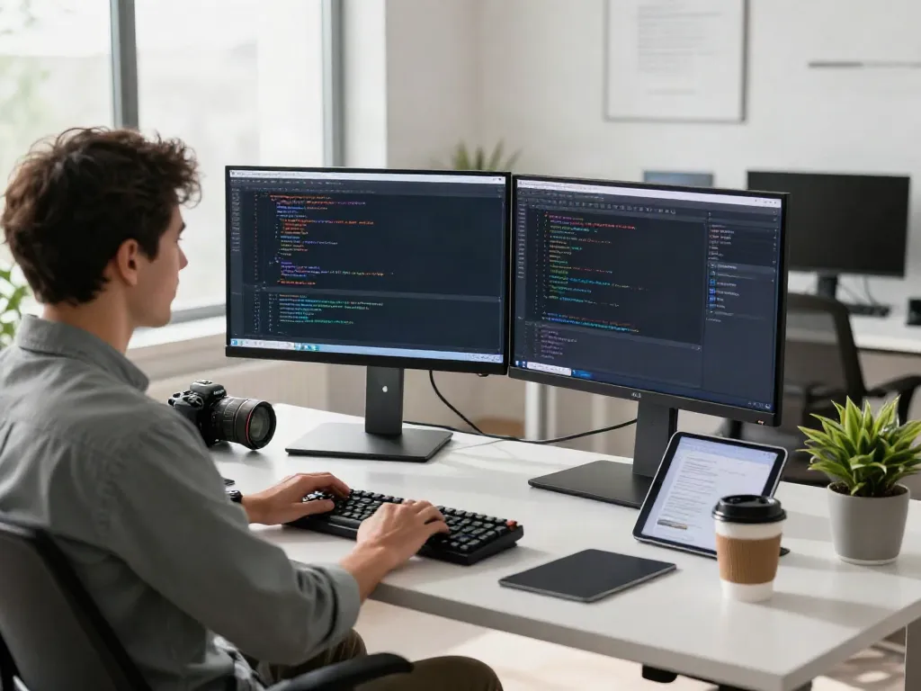 快连 software developer coding in a modern tech workspace with dual monitors and vibrant decor.