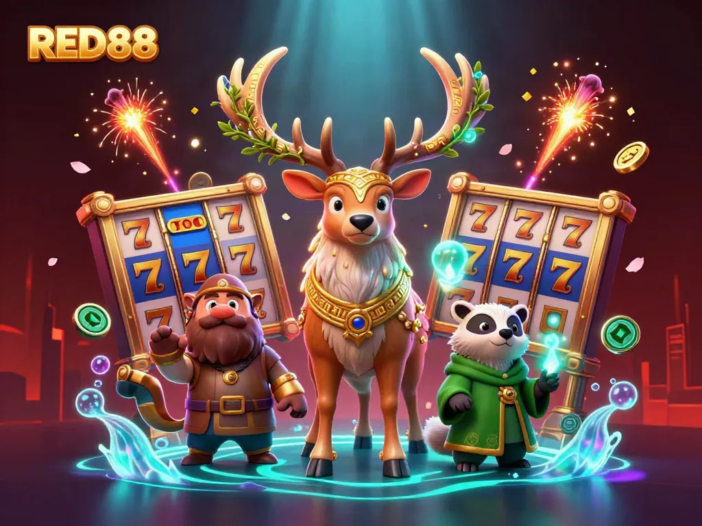 Experience the lively gambling scene with RED88's 3D illustration featuring vibrant characters and dynamic elements.