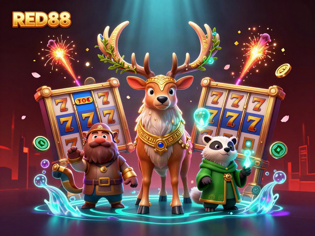 Experience the lively gambling scene with RED88's 3D illustration featuring vibrant characters and dynamic elements.