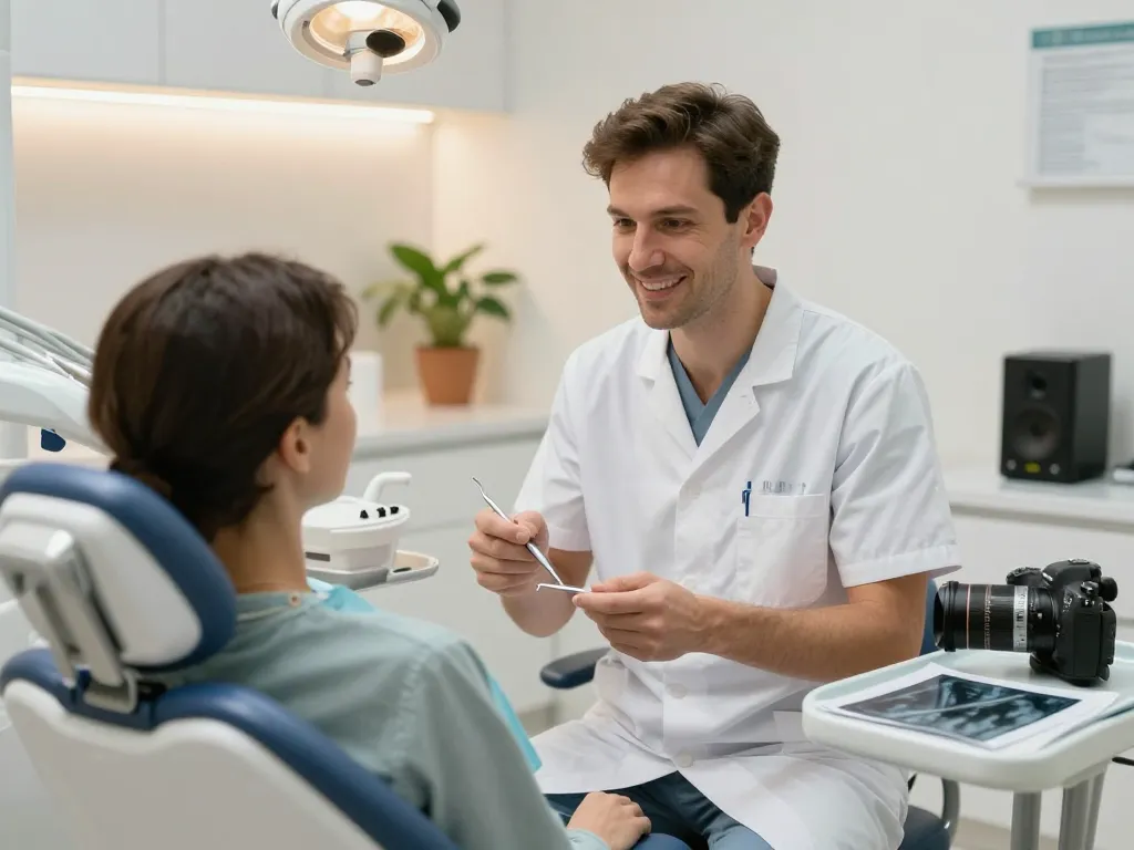 Zahnimplantat Wien Beratung in einer modernen Zahnarztpraxis, Zahnarzt bespricht Optionen mit einem Patienten.