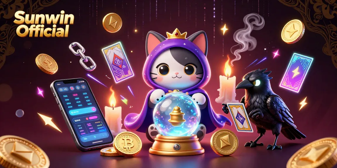 Engage in thrilling gameplay with Sunwin Official, showcasing fortune teller cat and tarot raven in a vibrant casino setting.