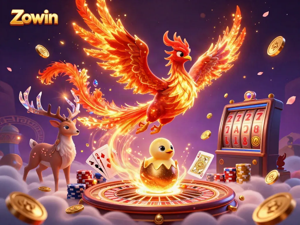 Zowin's vibrant 3D illustration showcases a phoenix, chirping chick, and stag amid cascading coins and a roulette wheel.