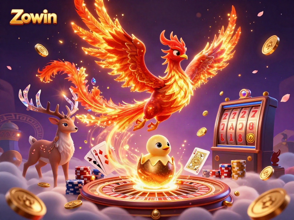 Zowin's vibrant 3D illustration showcases a phoenix, chirping chick, and stag amid cascading coins and a roulette wheel.