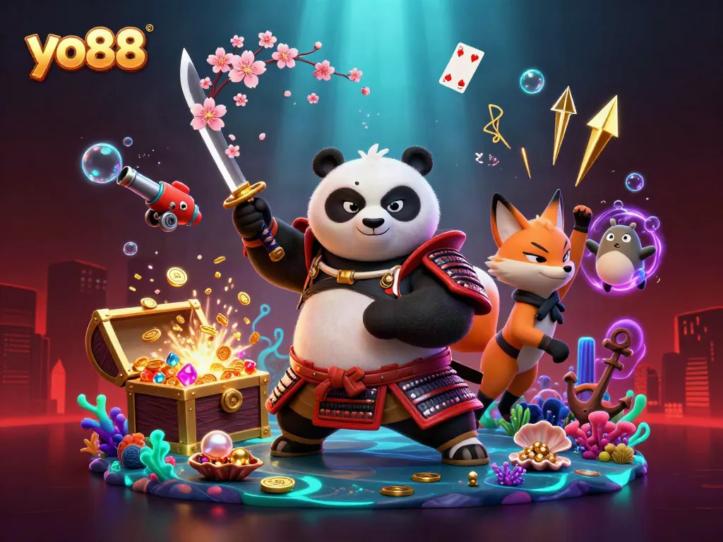 Experience the thrilling world of yo88 with a dynamic scene featuring a samurai panda and ninja fox.