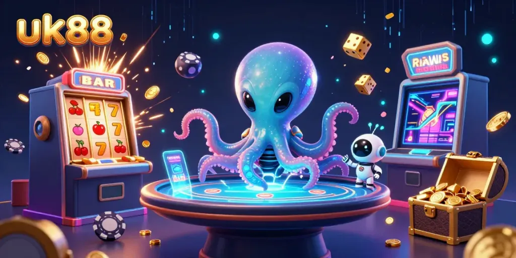 Experience exhilarating gameplay at uk88 with an alien octopus handling poker at a vibrant casino.