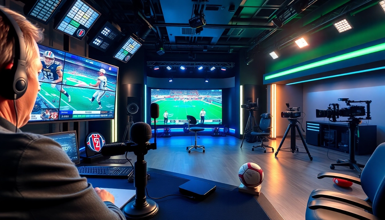 Engaging sports broadcasting studio showcasing multiple screens and an announcer in action.