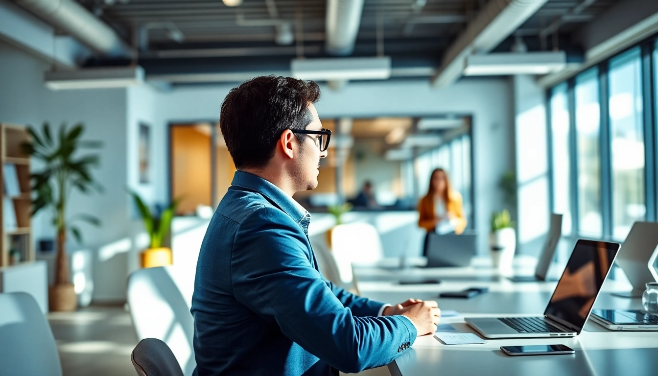 Headhunter IT interacting with candidates in a modern office environment.