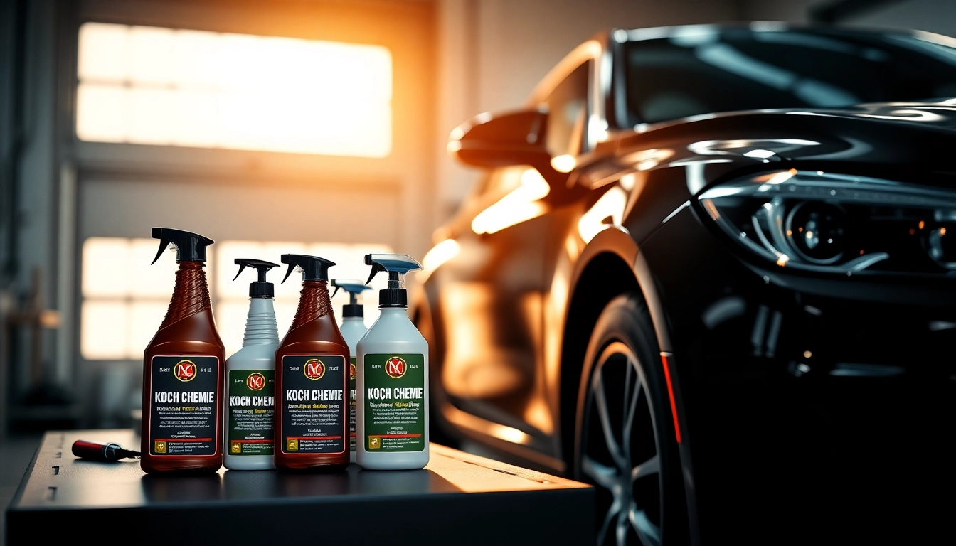 Koch Chemie Produkte in einem modernen Autopflege-Szenario mit glänzendem Fahrzeug im Hintergrund
