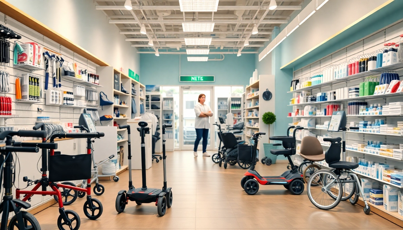 Ein modernes Sanitätshaus bzw. Gesundheitsfachgeschäft, das Mobilitätshilfen wie Rollatoren und Elektroroller präsentiert, mit Fokus auf Pflegehilfsmittel.